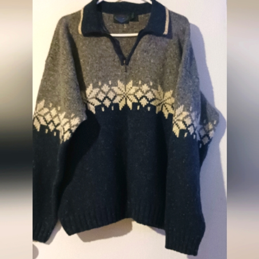 Vintage Etchings Acrylic Wool Pullover Sweater Zip Neck‎ Blue & Gray sz. LARGE